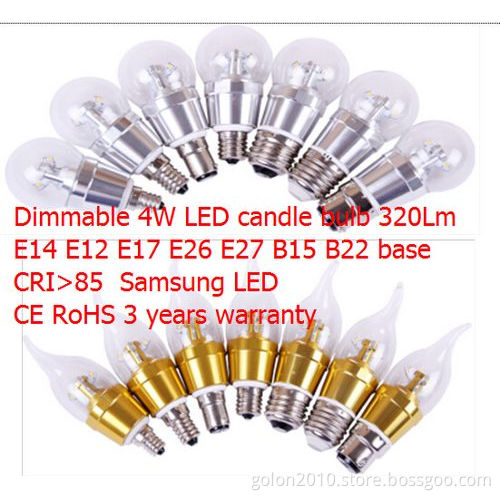 4W LED Candle Bulb Light Dimmable, E12 E14 E27 E17 E26 B15 B22,